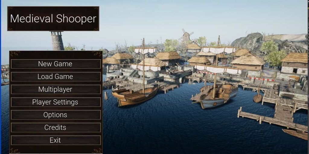 Capture d'écran du jeu Medieval Shopper : port médiéval avec bateaux et village